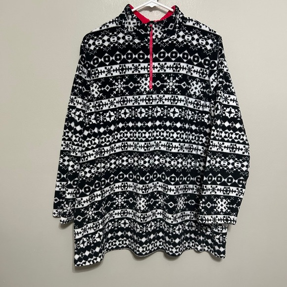 Woman Within Women's Sweater L 18/20 Black White Pink Fair Isle Fleece 1/4 Zip - Picture 1 of 9